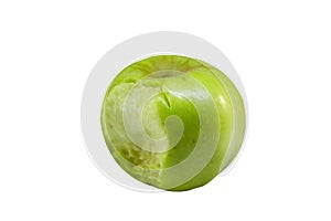 Green juicy apple bitten off with teeth marks isolated on white background, clipping path, blurred path. template