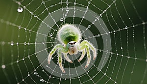 Green jumping spider on a dewy web