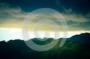 Green jungle canopy with communication tower and cloudy sky in t