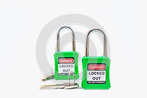 Green key lock and tag for process cut off electrical,the toggle tags number for electrical log out tag out on white background