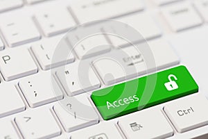 Green key with text Access and open padlock icon on white laptop keyboard