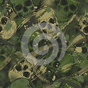 Green khaki grunge camo pattern with human skulls