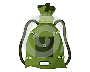 Green khaki military or tourist backpack, duffel bag or luggage. Touristic equipment for camping and tourism