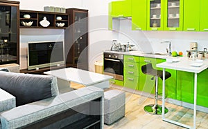 Green kitchen and room clean interior design