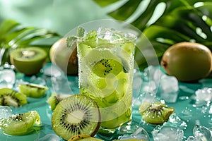 Green kiwi and mint cocktail with ice, on the background of tropical leaves and whole kiwifruit slices. Ai generated