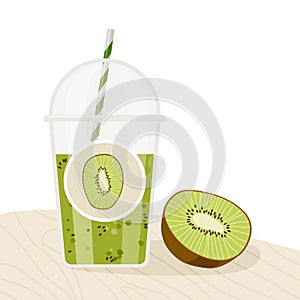 Green kiwi smoothie. Takeaway smoothie cup with green liquid and cut fruit isolated on white. Healthy drink with kiwi