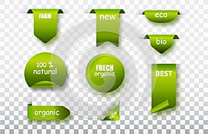 Green label tags vector collection. Organic food labels isolated . Fresh eco vegetarian products, vegan label and
