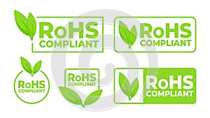 Green labels with a leaf icon indicating RoHS Compliant for electronics, promoting environmentally responsible