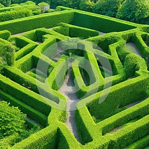 Green labyrinth. Plant maze. Garden. Aerial view of green labyrinth garden