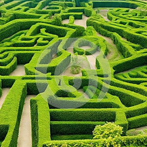 Green labyrinth. Plant maze. Garden. Aerial view of green labyrinth garden