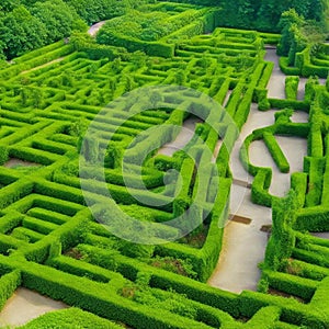 Green labyrinth. Plant maze. Garden. Aerial view of green labyrinth garden