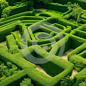 Green labyrinth. Plant maze. Garden. Aerial view of green labyrinth garden