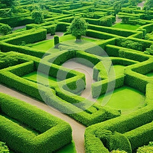 Green labyrinth. Plant maze. Garden. Aerial view of green labyrinth garden