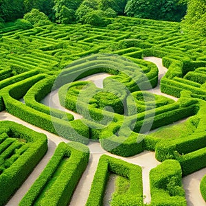 Green labyrinth. Plant maze. Garden. Aerial view of green labyrinth garden