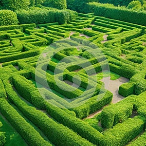 Green labyrinth. Plant maze. Garden. Aerial view of green labyrinth garden