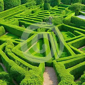 Green labyrinth. Plant maze. Garden. Aerial view of green labyrinth garden