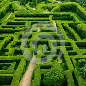 Green labyrinth. Plant maze. Garden. Aerial view of green labyrinth garden