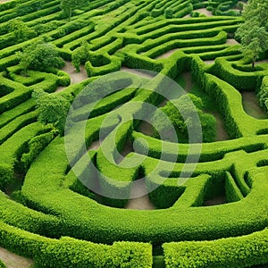 Green labyrinth. Plant maze. Garden. Aerial view of green labyrinth garden