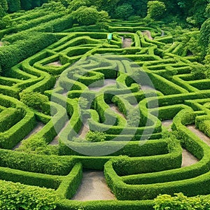 Green labyrinth. Plant maze. Garden. Aerial view of green labyrinth garden