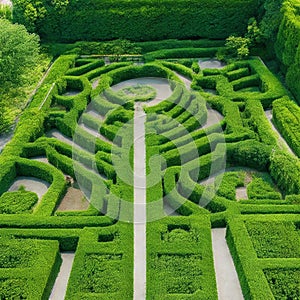 Green labyrinth. Plant maze. Garden. Aerial view of green labyrinth garden