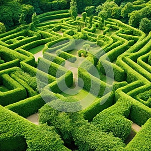 Green labyrinth. Plant maze. Garden. Aerial view of green labyrinth garden