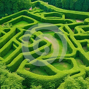 Green labyrinth. Plant maze. Garden. Aerial view of green labyrinth garden