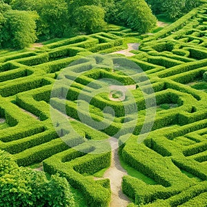 Green labyrinth. Plant maze. Garden. Aerial view of green labyrinth garden