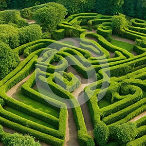 Green labyrinth. Plant maze. Garden. Aerial view of green labyrinth garden