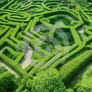 Green labyrinth. Plant maze. Garden. Aerial view of green labyrinth garden