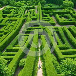 Green labyrinth. Plant maze. Garden. Aerial view of green labyrinth garden