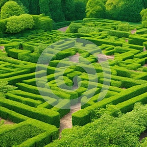 Green labyrinth. Plant maze. Garden. Aerial view of green labyrinth garden