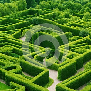 Green labyrinth. Plant maze. Garden. Aerial view of green labyrinth garden