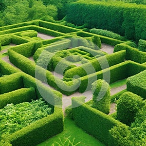 Green labyrinth. Plant maze. Garden. Aerial view of green labyrinth garden