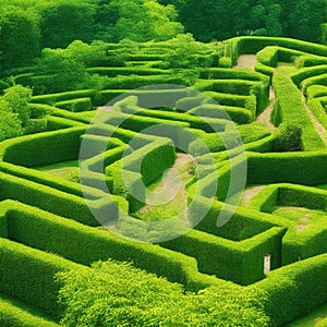 Green labyrinth. Plant maze. Garden. Aerial view of green labyrinth garden