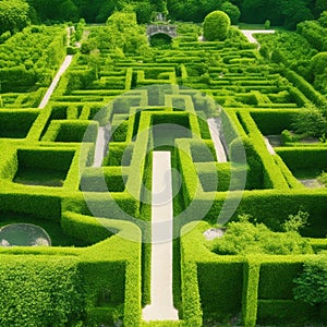 Green labyrinth. Plant maze. Garden. Aerial view of green labyrinth garden