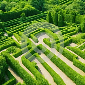 Green labyrinth. Plant maze. Garden. Aerial view of green labyrinth garden