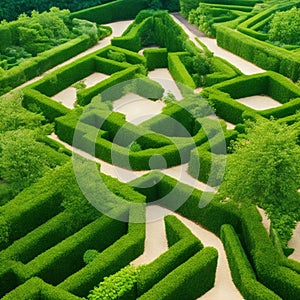 Green labyrinth. Plant maze. Garden. Aerial view of green labyrinth garden