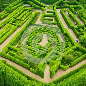 Green labyrinth. Plant maze. Garden. Aerial view of green labyrinth garden