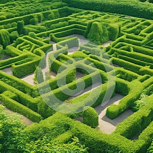 Green labyrinth. Plant maze. Garden. Aerial view of green labyrinth garden