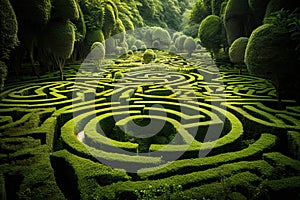 Green labyrinth of verdant shrubbery in garden