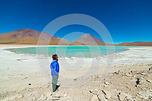 Green Lagoon and Licancabur Volcano on the Bolivian Andes