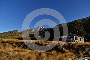 Green lake hut, hiking in mountains, New Zealand