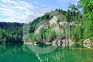 Green lake and rocky bank with lush trees