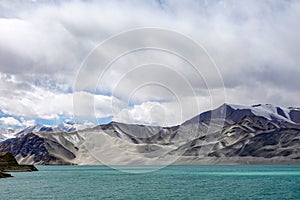 Green lake, snow mountain, white clouds, blue sky in Pamirrs