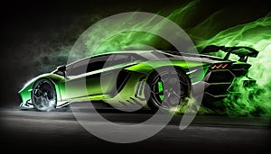 Green Lamborghini Aventador with advanced aerodynamics. photo