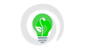 Green lamp bulb, turns on and off, plant sprout with leaves growing inside, Simple flat pictogram. Earth care, innovation,