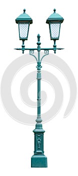 Green lamp post in vintage style, isolated on a white background