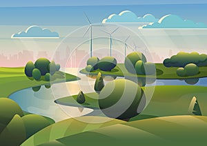 Green lands field landscape with river, wind turbines windmills and modern city under blue sky. Ecology alternative wind