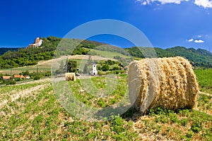 Green landscape, field and church