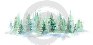 Green landscape of foggy forest, winter hill. Wild nature, frozen, misty, taiga. horizontal watercolor background